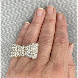 Womens Charlotte Russe Silver Tone Rhinestone Bow Stretch Ring Bling One Size